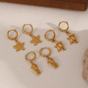 18k gold plated stainless steel hoop earrings set with sea turtle and starfish charms