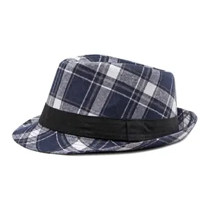 Classic blue and white checkered jazz fedora hat with elegant black grosgrain band ribbon