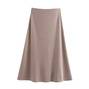 Dusty pink knitted midi skirt with high waist A-line silhouette on white background