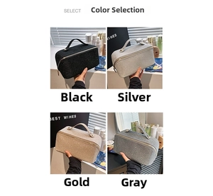 Macro view of four shimmering cosmetic bags in black, silver, gold, and grey colors