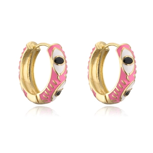Detail of 18K gold plated hoop earrings with pink enamel eye motifs on a white background