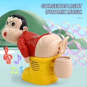 Electric bubble machine with festive red outfit, featuring vibrant lights and dynamic music