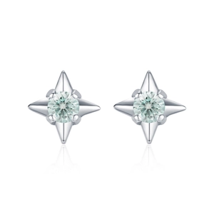 S925 sterling silver four-pointed star stud earrings with round cyan moissanite stone