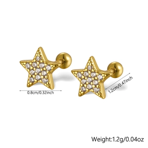 Close-up of gold star earrings with cubic zirconia and exact product dimensions