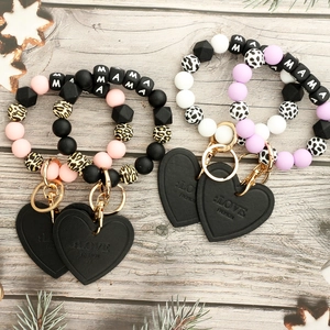 Silicone Bead Keychain MAMA Leopard Cow Print Heart PU Leather Tassel Wristlet Bracelet Key Ring For Mother's Day Women