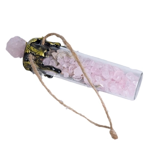 Mini glass bottle pendant with pink crystal crushed stones and golden metal cap