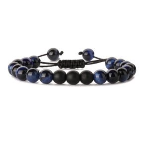 Adjustable woven bracelet with blue tiger eye beads and matte black beads for men