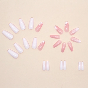 Pink and white gradient long ballerina press-on nails with geometric white line designs