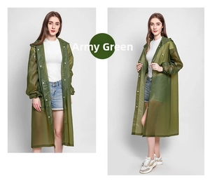 Detail of army green semi-transparent EVA raincoat with white snap buttons and hood