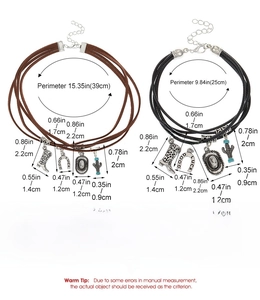 Detailed view of western cowboy charms with leather strap and product size specifications