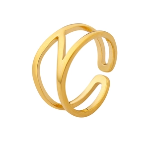 Minimalist double-layered geometric gold open ring with a matte brushed metal finish