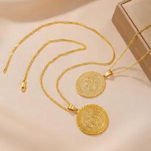 Polished gold-plated round pendant necklace with Arabic calligraphy on silk background