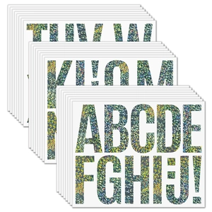 Macro detail of 3 inch waterproof vinyl alphabet stickers with multi-color glitter texture
