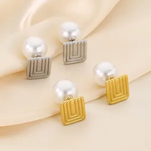 Stainless Steel Artificial Pearl Earrings French Vintage Geometric Square U Shaped Back Hanging For Women Luxury Elegant