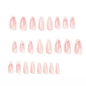 Pink almond press-on nails set with French tips and heart patterns on 24 pieces