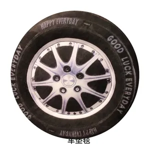 3D realistic car tire plush cushion with silver wheel rim and Happy Everyday text