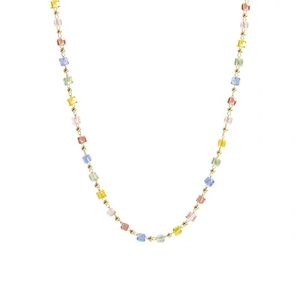 Colorful crystal square bead necklace with gold beads on a clean white background