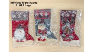 Three large Christmas stockings with Santa, Snowman and Reindeer in individual OPP bags