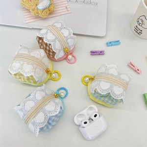 Cute plaid fabric earphone case with lace embroidery and pearl zipper pendant
