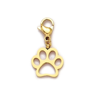 Detail view of golden paw print charm with lobster clasp for DIY necklaces