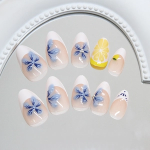 French blue floral almond press-on nails with lemon art and pearl accents 24pcs
