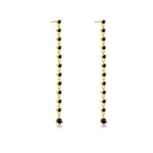 Long gold tassel earrings with black zircon stones in a linear drop design for women