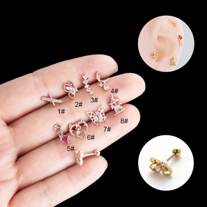 Rose gold stainless steel flat back stud earring set with various cubic zirconia shapes