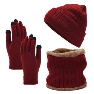 Ensemble 3 pièces bordeaux en tricot avec bonnet polaire, cache-col et gants tactiles
