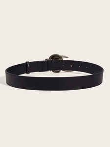 Classic black leather punk belt with retro metallic skull buckle and smooth matte finish