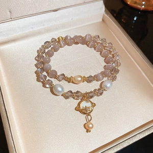 Bracelet Perles Double Rang Avec Perle Eau Douce Oeil De Chat Cristal Pendentif Planète Saturne Bijoux Élégant Femmes