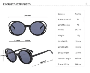 Detailed size specifications and product attributes for large round frame sunglasses