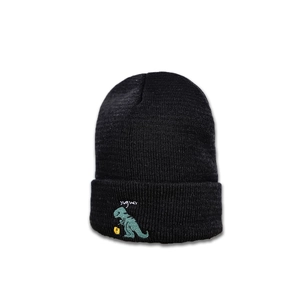 Détail d'un bonnet en maille noir avec une broderie de dinosaure vert et une fleur