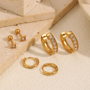 Stainless Steel Hoop And Stud Earrings With Cubic Zirconia Geometric Fashion Jewelry For Women