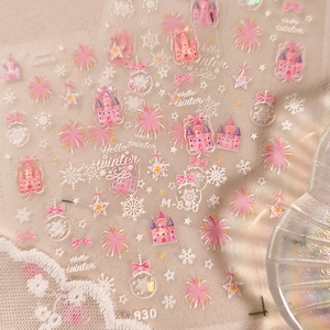 Pink winter nail stickers with castles and snowflakes design, model M-830 for nail art