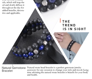 Detailed macro view of 8mm lava stone and lapis lazuli triple row braided bracelet