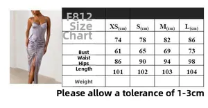 Detailed size chart for the corset slit dress including bust, waist, and hip measurements