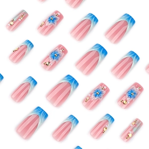 Blue and pink gradient press-on nails with 3D floral and seashell decorations
