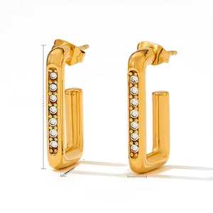 Detailed size specifications for gold rectangular hoop earrings with white cubic zirconia
