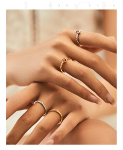 Close-up of minimalist gold and silver rings with pigeon blood red stones on fingers
