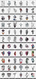 Catalog view showing 66 waterproof tattoo sticker designs with floral and animal motifs