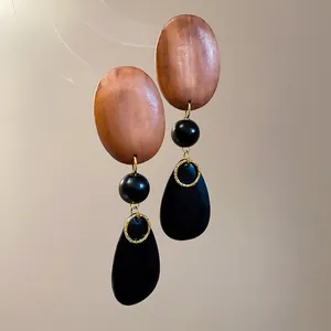 Vintage Long Drop Earrings Geometric Oval And Waterdrop Wooden Beads With 925 Sterling Silver Earring Post For Women