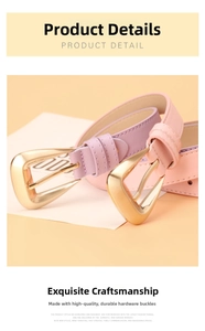 Detailed view of pink and purple faux leather belts with matte gold square pin buckles