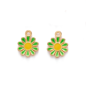 Close-up of golden daisy charms with green enamel petals and yellow center detail