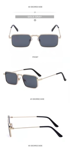 Three-way view showing the front and side angles of golden rectangle sunglasses with gray lenses