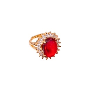 Retro 24k gold plated ring with oval red gemstone and zircon halo in open design
