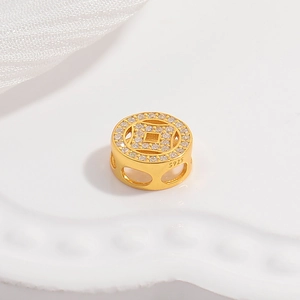 S925 Sterlingsilber Hohlmünze-Perle mit weißem Zirkonia-Inlay und Gold-Finish