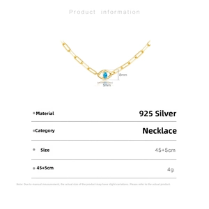 Detailed specs of S925 silver gold-plated necklace with marquise blue stone and 45cm chain