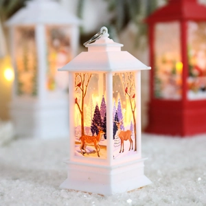 White Christmas lantern with reindeer forest scene on snowy background
