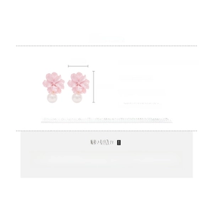 Detail view of pink resin flower earrings with pearls including size and weight specs