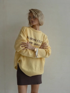 Chic yellow oversized knit sweater with ALSON letter embroidery and long sleeves